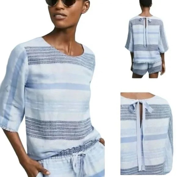 Anthro Cloth & Stone Linen Blend Top Size M Blue Stripes - Picture 1 of 7